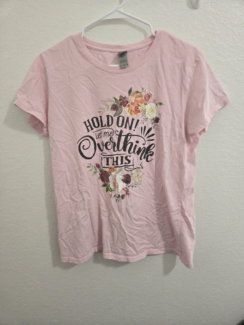 Gildan Pink Graphic Tee with Floral Script Print